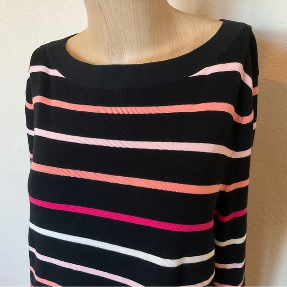 Talbots NWOT Striped Boat Neck Cotton Sweater Black Pink Button Back Detail XLP - Picture 3 of 16